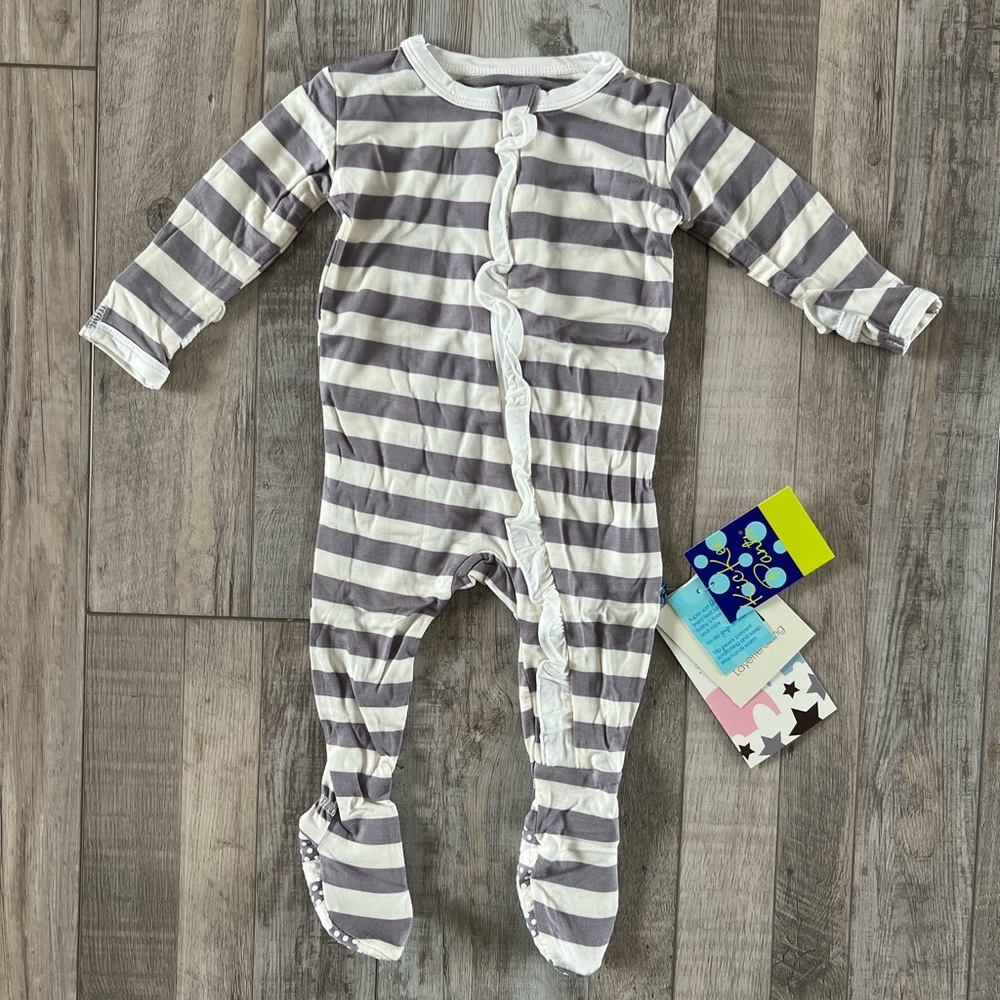 NWT Kickee Pants Bamboo Viscose Striped Ruffle One Piece Pajamas